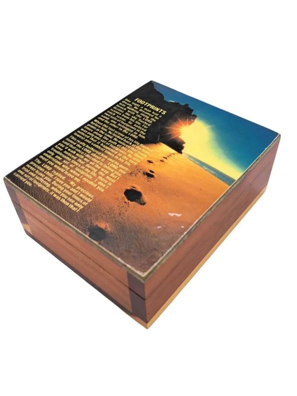Vintage Footprints Box Cedar Wood Keepsake Inspirational Poem Storage Jewelry